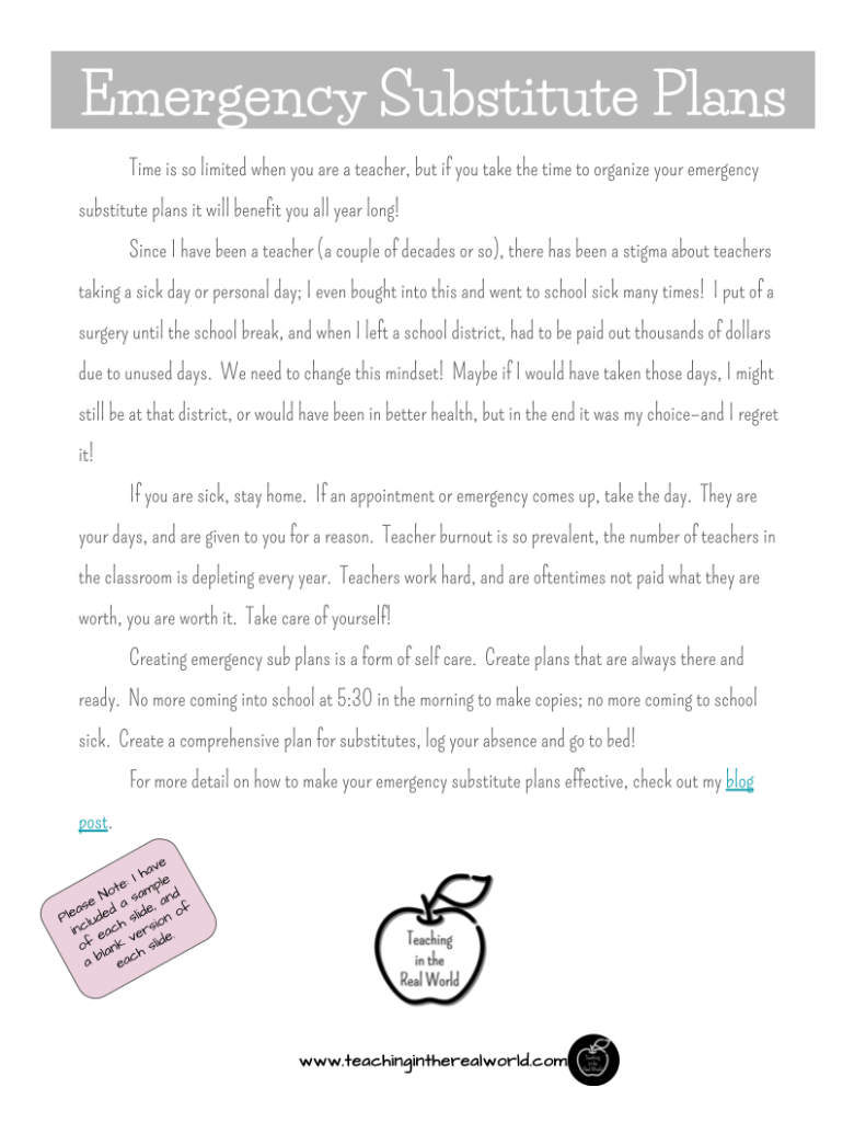 substitute plans for teachers Printable pdf